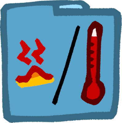 a blue folder. inside it are a raised reddened bump on emoji yellow skin and a thermometer reading a high temperature, separated by a black forwardslash.